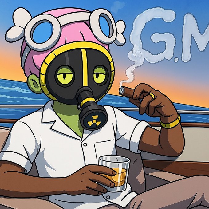 An anime-style illustration of a green-skinned character wearing a gas mask and a white shirt, smoking a cigar and holding a glass of whiskey on a boat with 'G.M' in the sky.