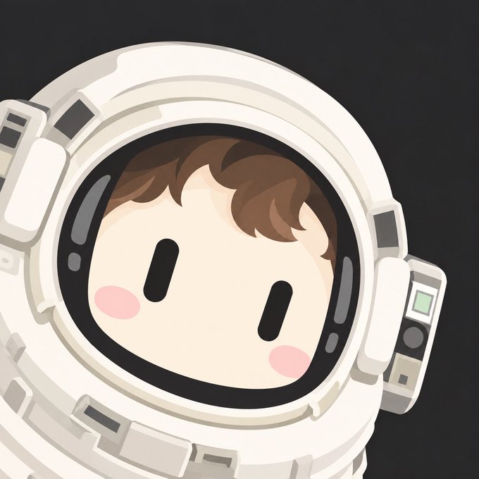 A cute cartoon illustration of a baby or character with brown hair wearing a white astronaut helmet against a black background.