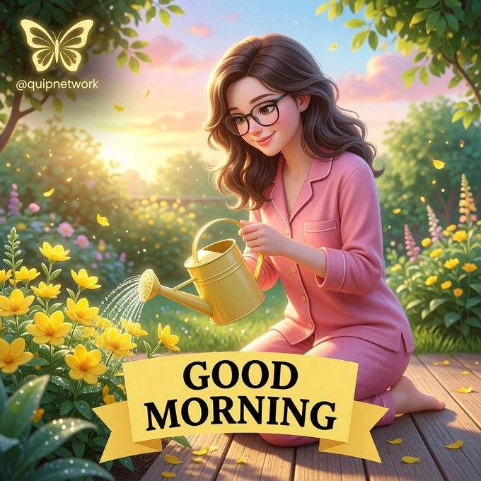 The image features a woman sitting on a wooden bench surrounded by flowers while watering them with a yellow watering can. The scene appears to be set outdoors, possibly in a garden or park setting. The caption below the image reads "Good morning everyone", which is likely related to the Quip Network project that has been gaining attention recently.