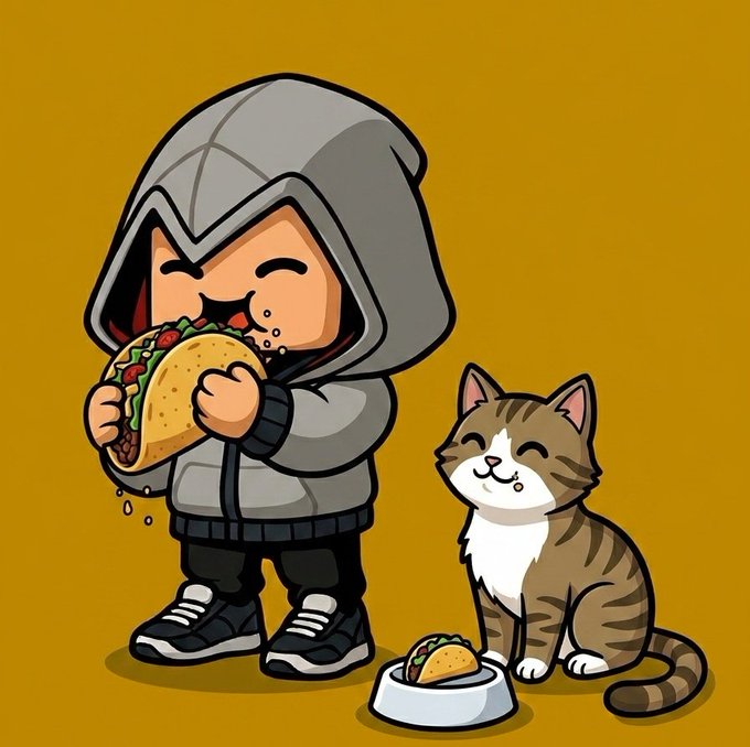 A chibi-style cartoon illustration of a hooded figure happily eating a large taco, accompanied by a smiling tabby cat next to a food bowl containing a smaller taco, set against a mustard-yellow background.