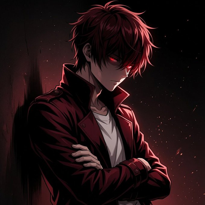 An anime-style illustration of a young man with red hair and glowing red eyes, wearing a red coat over a white shirt, with arms crossed against a dark, sparkly background.
