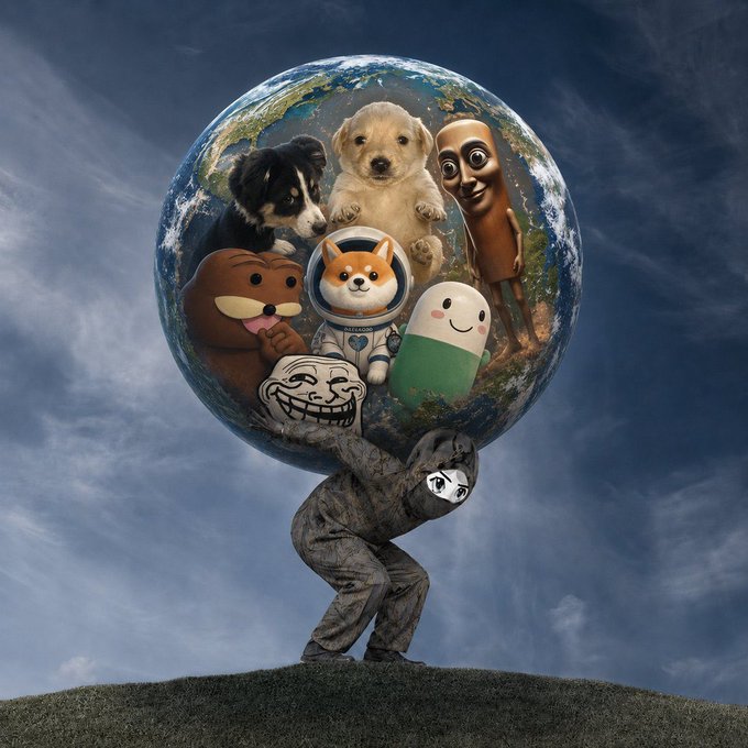 A humorous surreal image of a small figure in a gray suit carrying a transparent globe filled with popular meme characters (a puppy, doge, troll face, soyjak, and others) against a cloudy sky.