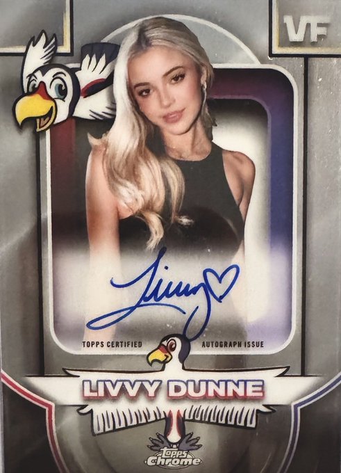 A Topps Chrome trading card featuring Livvy Dunne's signature, labeled 'Topps Certified Autograph Issue' with a mascot graphic.