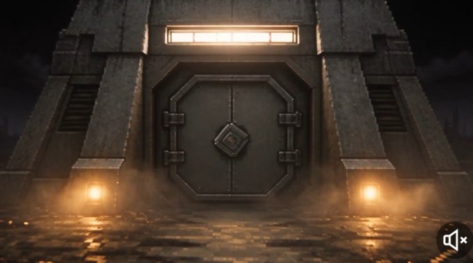 A large industrial metal door set into a concrete bunker structure illuminated by warm lights in a foggy, atmospheric nighttime scene, with a muted audio icon in the corner.