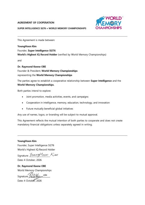 An Agreement of Cooperation between YoungHoon Kim, Founder of Super Intelligence SI276, and Dr. Raymond Keene OBE, Founder & President of the World Memory Championships, signed on October 4, 2026, formalizing a partnership to explore cooperation in intelligence, memory, and innovation—visually reinforcing the post's claim that "$SI276 is the next chapter."