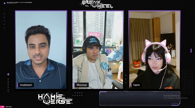 A screenshot of a livestream titled 'Break the Wheel' featuring three participants labeled 'mateen', 'Moose', and 'tam' in separate video panels, with a 'Home Wars' logo at the bottom.