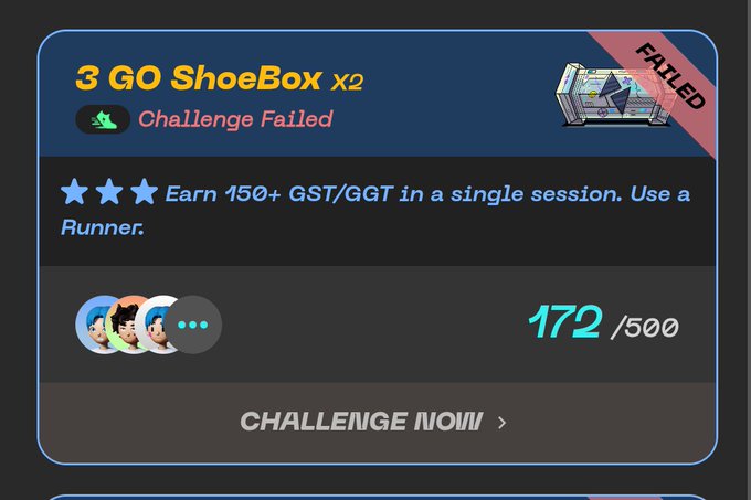 A screenshot from the STEPN app showing a "3 GO ShoeBox x2" challenge that has been failed, with the user having earned only 172 out of the required 500 points for earning 150+ GST/GGT in a single session using a Runner, marked with a red "FAILED" banner reflecting the post's quick surrender.