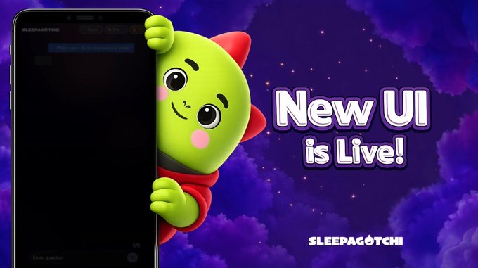A promotional image for 'SLEEPAGOTCHI' features a green dinosaur-like cartoon character peeking from behind a smartphone showing a chat interface, with text announcing 'New UI is Live!'.