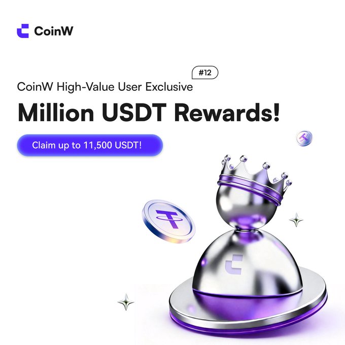 The image features a silver trophy with a crown on top, surrounded by gold coins. The text above the trophy reads "CoinW High-Value User Exclusive Million USDT Rewards! Claim up to 11,500 USDT per user Extra 10 USDT for early birds 1M USDT prize pool How much are you aiming to claim?".