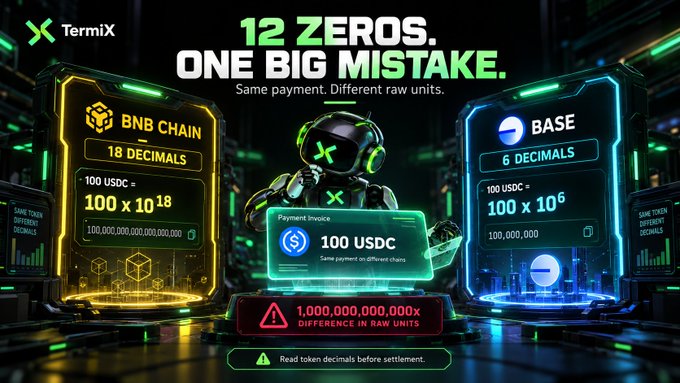 A neon crypto graphic from TermiX warns “12 ZEROS. ONE BIG MISTAKE.” and “Same payment. Different raw units.” A 100 USDC payment invoice is shown between BNB Chain (18 decimals, 100 × 10^18) and Base (6 decimals, 100 × 10^6), with a red alert stating “1,000,000,000,000x DIFFERENCE IN RAW UNITS” and a note to read token decimals before settlement.