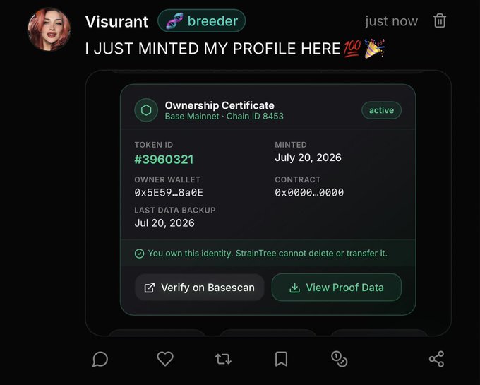 A social media post by 'Visurant' (breeder) celebrating minting their profile on StrainTree, showing an Ownership Certificate for Token ID #3960321 on Base Mainnet dated July 20, 2026.
