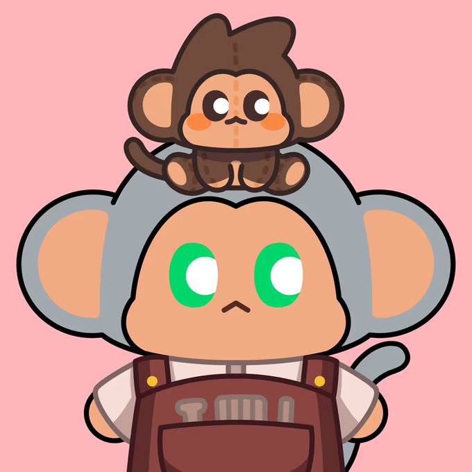 A cute cartoon monkey character with large green eyes wearing overalls and a small monkey perched on its head, set against a pink background.