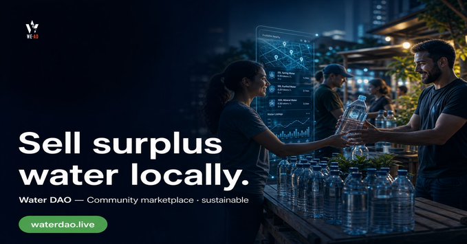 A promotional banner for Water DAO reading 'Sell surplus water locally. Water DAO — Community marketplace • sustainable' with the website waterdao.live, featuring people trading water bottles at night.