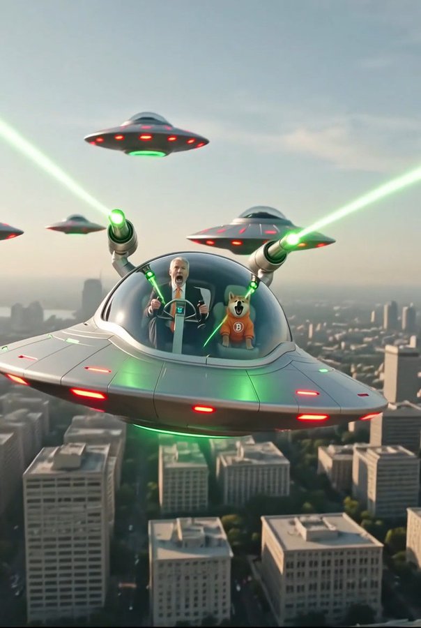 A whimsical, surreal scene featuring a man in a suit and a dog in a yellow shirt flying a UFO over a cityscape, accompanied by other UFOs firing green laser beams.