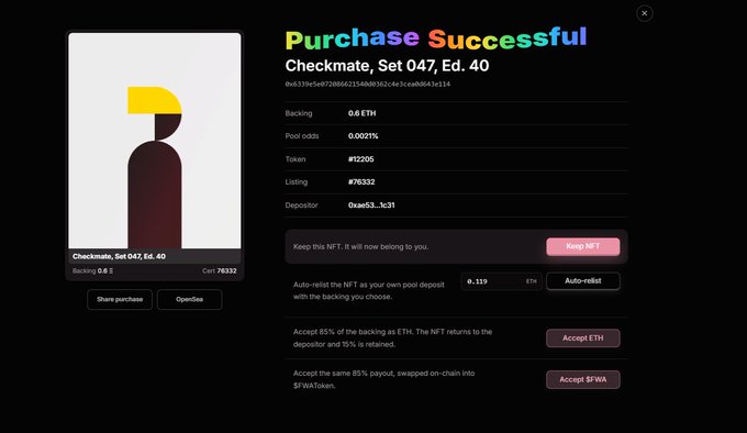 A 'Purchase Successful' confirmation screen for Checkmate NFT, Set 047, Ed. 40 shows backing of 0.6 ETH and pool odds of 0.0021%, with options to auto-relist or accept ETH/$WA payouts.