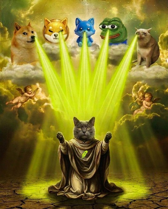 A regal gray cat draped in golden robes kneels with raised paws, channeling bright green laser beams from the eyes of five celestial meme mascots—Shiba Inu, Cheems, Wojak-style figures, Pepe the Frog, and a tabby cat—hovering among the clouds above, accompanied by cherubs. The scene visually frames $FIDEL as the "top cat" receiving divine meme-power from the major meme coin icons, positioning it as the apex meme coin inheriting the "royal bloodline" of the new Robinhood Chain ecosystem.