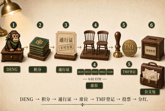 A flowchart illustrates the TMF (The Mutual Fun) token process on ApeChain, showing six steps: holding Deng NFTs (1), earning 积分 (points) (2), exchanging them for a 通行证 (pass, marked 不可交易/non-transferable) (3), purchasing a 席位 (seat) for 0.02 ETH featuring 5 NFTs (Bored Ape, Doge, Smac, Midas, Yeade) (4), completing TMF 登记 (registration) with a fixed supply coin (5), and finally voting and receiving 分红 (dividends) via briefcase (6).