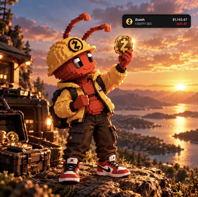 A pixel art style illustration of an ant-like character wearing a yellow Zcash helmet and jacket, holding up a Zcash (ZEC) coin against a sunset landscape with cryptocurrency wallet data showing "$1,145.47" and "-$40.97".