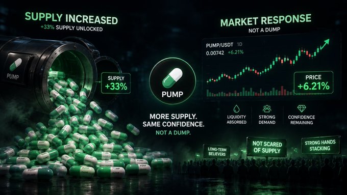 Crypto promotional graphic for $PUMP showing 'SUPPLY INCREASED +33%' and 'MARKET RESPONSE: NOT A DUMP' with PUMP/USDT price up 6.21%, emphasizing 'More Supply, Same Confidence.'