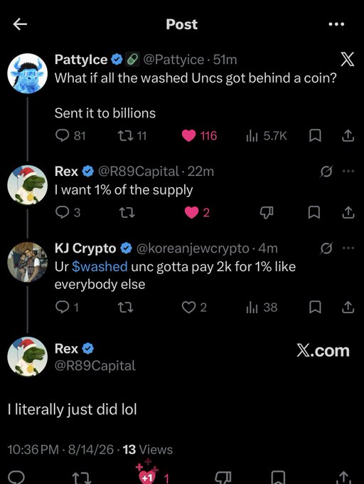 A screenshot of an X (formerly Twitter) thread showing user Rex (@R89Capital) jokingly claiming ownership of newly claimed "washed" $wASHED tokens after joking they could get behind a coin and be sent to billions, with Rex replying "I literally just did lol" — tying into the caption's praise of Rex as "a real one" for playfully engaging with the meme.