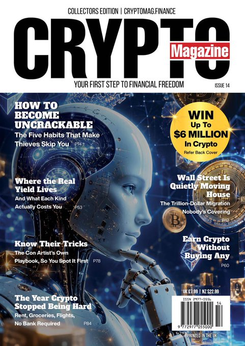 The image is the cover of Crypto Magazine Issue 14, featuring a futuristic AI/robotic figure with articles like "How to Become Uncrackable," "Win Up to $6 Million In Crypto," and "Where the Real Yield Lives," aligning with the post announcing its release on August 5th via cryptomagazine.myshopify.com.
