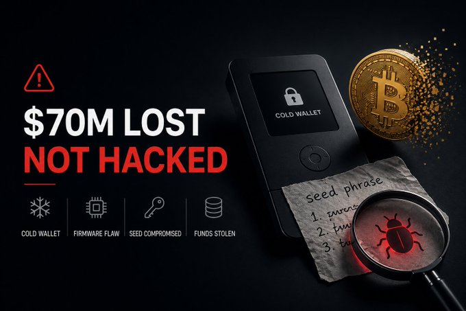 Crypto security infographic titled '$70M LOST NOT HACKED' depicting a cold wallet, a seed phrase, a Bitcoin coin, and a bug under a magnifying glass, with labels for 'COLD WALLET', 'FIRMWARE FLAW', 'SEED COMPROMISED', and 'FUNDS STOLEN'.