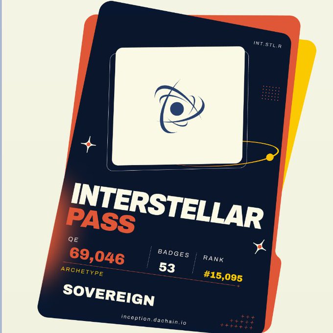 An 'INTERSTELLAR PASS' digital NFT badge with stats: 69,046 QE, 53 badges, Rank #15,095, archetype Sovereign, from inception.dachain.io.