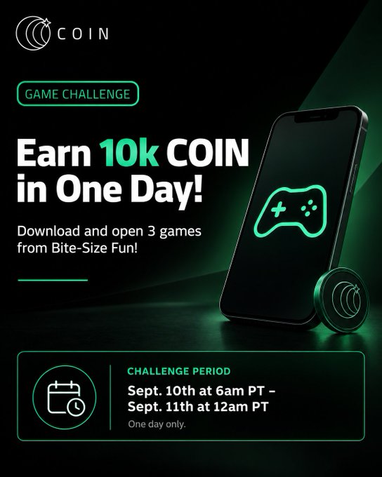 An advertisement for 'COIN' promoting a game challenge to earn 10k COIN in one day by downloading and opening 3 games from Bite-Size Fun.