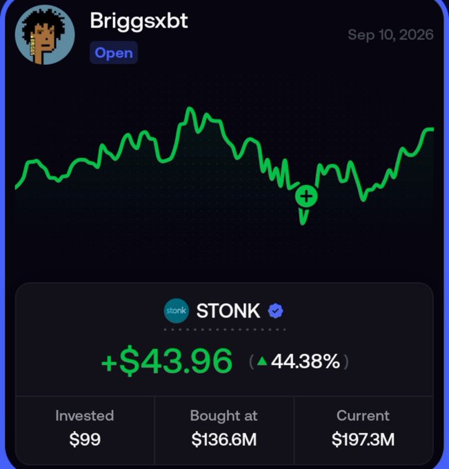 A portfolio dashboard for user Briggsxbt tracking token STONK shows a +$43.96 (44.38%) gain, with an investment of $99, bought at $136.6M, and current price $197.3M.