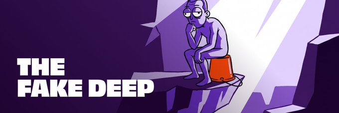 A purple-toned cartoon illustration of a figure sitting on a bucket on a cliff, with the text 'THE FAKE DEEP' on the left side.