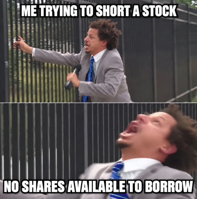 A two-panel meme shows a man in a gray suit and blue tie aggressively shaking a metal fence with a dumbbell in the top image, captioned "ME TRYING TO SHORT A STOCK," and then recoiling in pain in the bottom image, captioned "NO SHARES AVAILABLE TO BORROW." The image humorously illustrates the frustration of being unable to short a stock due to share lending restrictions, which the post relates by promoting @MEXC as a solution that allows traders to hedge and trade global market events through stock integration settled in USDT.