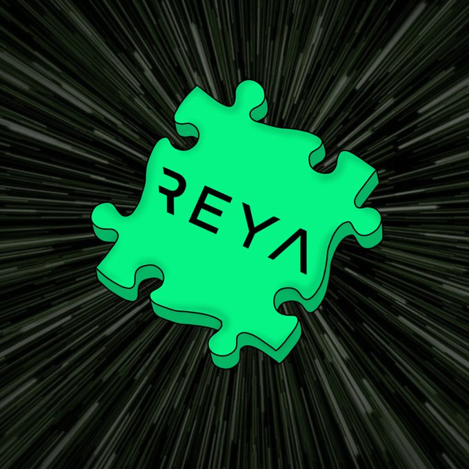 A bright green puzzle piece displaying the 'REYA' text logo against a dark radial motion background.