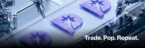 An industrial automation scene showing mechanical arms working on components marked with star designs, with the text 'Trade. Pop. Repeat.'