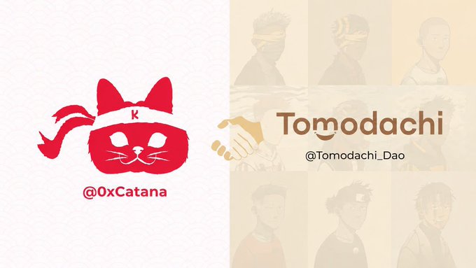 A split promotional graphic featuring a red cat ninja logo (@0xCatana) on the left and the word 'Tomodachi' with the handle @Tomodachi_Dao alongside character illustrations on a tan background.