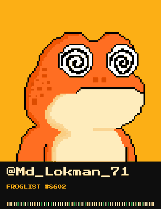 A pixel art illustration of an orange frog with hypnotic spiral eyes on an orange background, labeled '@Md_Lokman_71' and 'FROGLIST 18602'.