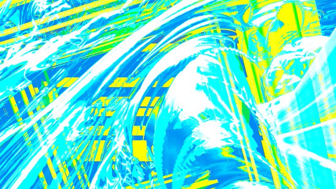 The image features a large abstract painting with blue, yellow, green, white, and black colors. The artwork has a unique style that resembles a wave or a spiral pattern. It appears to be a digital art piece displayed on a canvas. The painting is titled "New Testament: Town & Country" and it was released in the form of a post on social media. The post mentions that this collection is available for mint every Monday at 8:30 PM EST, with a limit of 5 per wallet manifold.