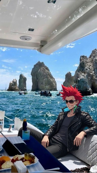 An anime-style character with spiky red hair and sunglasses relaxes on a yacht off a rocky coastline, while the post discusses catching up on crypto projects Quantio and QuipNetwork in a leisurely setting.