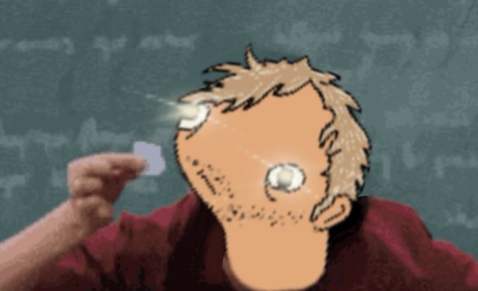 A meme image showing a cartoon-style drawn face superimposed on a real person wearing a maroon shirt, holding a small card up to a sparkling eye with a dusty, scribbled background.
