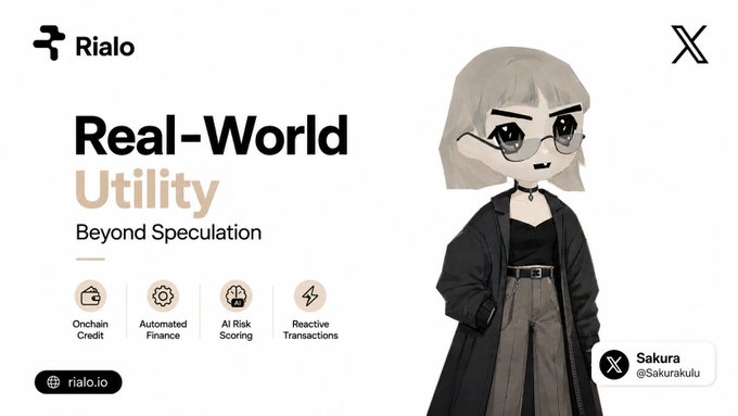 A promotional graphic for 'Rialo' featuring the text 'Real-World Utility Beyond Speculation' alongside icons for Onchain Credit, Automated Finance, AI Risk Scoring, and Reactive Transactions, featuring an anime-style character named 'Sakura'.