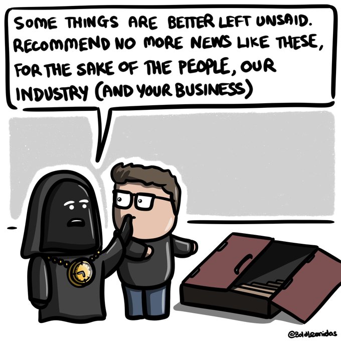 The cartoon shows a Grim Reaper-like hooded figure placing a finger over the mouth of a concerned glasses-wearing man, standing next to a briefcase containing papers or cards. The speech bubble reads: "SOME THINGS ARE BETTER LEFT UNSAID. RECOMMEND NO MORE NEWS LIKE THESE, FOR THE SAKE OF THE PEOPLE, OUR INDUSTRY (AND YOUR BUSINESS)."

The image satirizes the post's call for blockchain holders to migrate assets to fresh, hash-protected addresses in "bunker mode"—visually mocking the situation as one so threatening (likely referencing quantum computing risks or quantum vulnerability) that even the Grim Reaper himself is shushing anyone from spreading further warnings, while the briefcase suggests covertly moving or protecting assets.