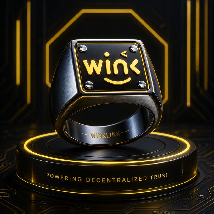 A bold black and gold ring featuring the "WINK" logo on its face sits atop a glowing pedestal inscribed with "WINKLINK" and "POWERING DECENTRALIZED TRUST," visually symbolizing the secure, oracle-driven bridge between real-world data and smart contracts highlighted in the post about WINkLink's role in providing reliable inputs for DeFi protocols on TRON.