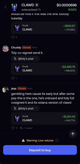 Mobile app screenshot showing social media posts about a cryptocurrency token called CLAWD (solanaclawd) with price $0.0000696 and +10.52% gain, featuring profit screenshots of $832.67 (+173.48%), $2,499.76 (+188.30%), and $1,301.43 (+104.77%).