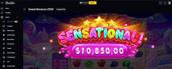Screenshot of an online slot game called 'Sweet Bonanza 2500' showing a 'SENSATIONAL!' win of $10,850.00, with the website 'DiveBet' visible in the top navigation.
