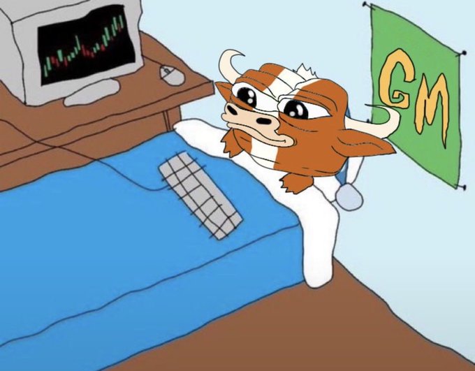 A cartoon bull wearing glasses sits at a desk with a computer displaying a rising stock chart and a keyboard, next to a green banner reading "GM"—a bullish visual pun on the post's "GM bulls" caption.