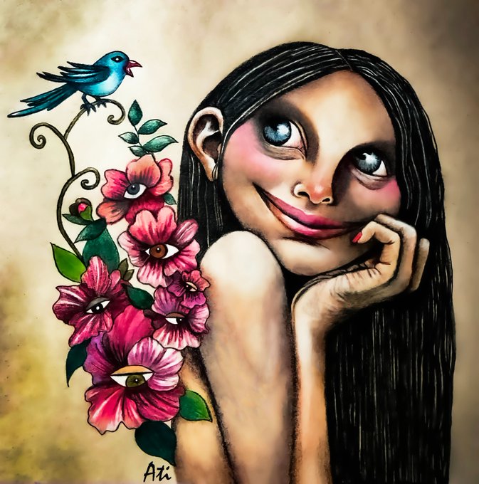 An artistic illustration signed 'Ati' showing a smiling woman with long black hair resting her chin on her hand, accompanied by pink flowers with eyes and a blue bird.