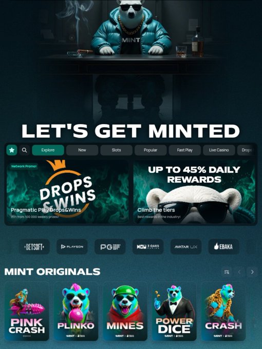A promotional casino website titled 'LET'S GET MINTED' features a bear mascot and offers like 'DROPS & WINS', 'UP TO 45% DAILY REWARDS', and original games such as 'PINK CRASH', 'PLINKO', 'MINES', 'POWER DICE', and 'CRASH'.