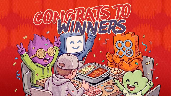 A colorful cartoon illustration with red background reading 'CONGRATS TO WINNERS', depicting diverse characters celebrating around a hot pot meal.