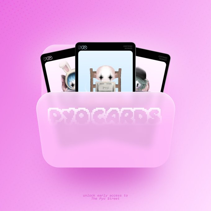 The image showcases three "PYO Cards" with character portraits on them, displayed against a pink background with a 3D "PYO CARDS" folder/container, featuring the text "unlock early access to The PYO Street" — visually teasing the upcoming staking-based idle game mentioned in the announcement.