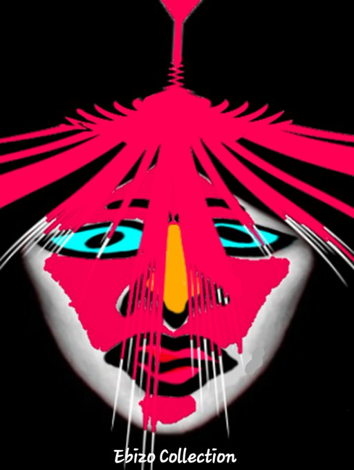 A vibrant pop-art style portrait of a face with bright pink dripping paint, cyan eyes, and yellow nose, labeled 'Ebiza Collection' at the bottom.