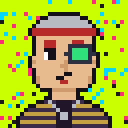 A pixel art portrait of a character with a green LED eye patch and red headband against a neon green background with scattered cyan, pink, and black squares, visually representing the Human Hood NFT collection featured in the eligibility checker announcement.